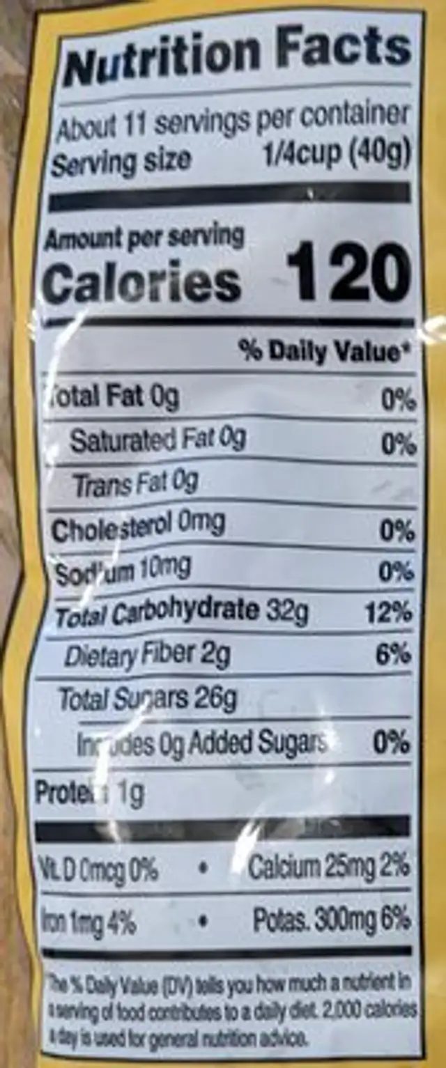 California Golden Raisins nutrition facts table