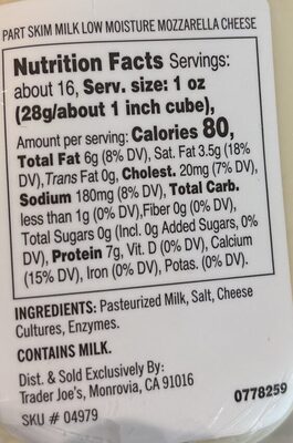 Mozzarella Part Skim Low Moisture Mozzarella Cheese nutrition facts table