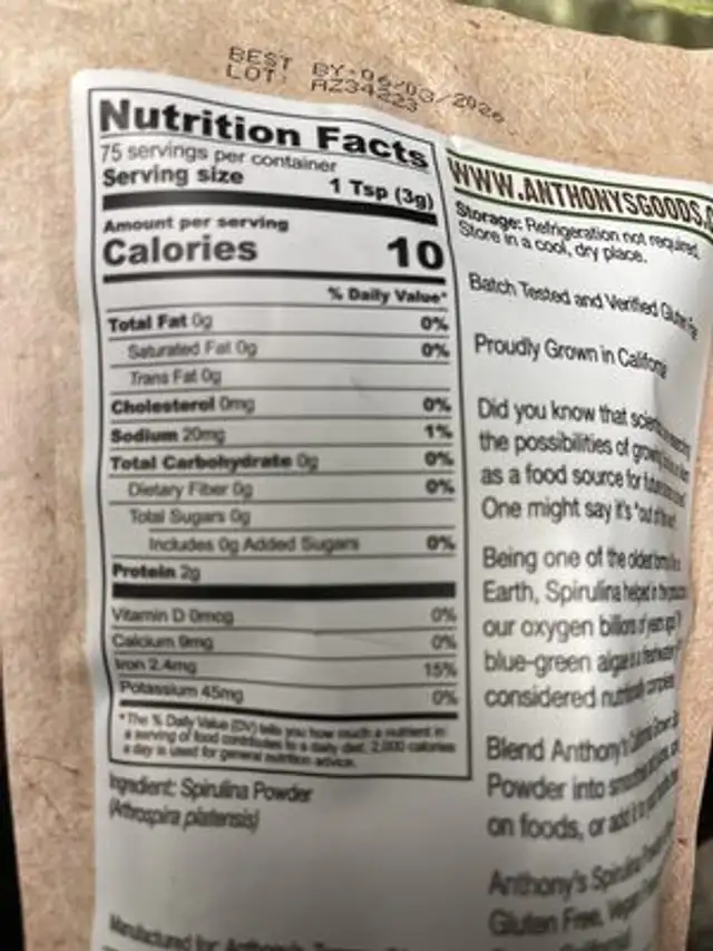 spirulina powder nutrition facts table