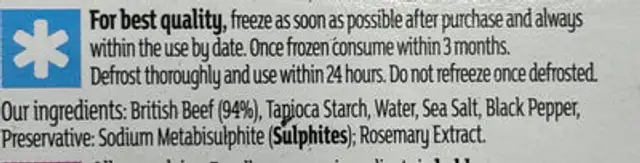 30 Day Matured Beef Burgers ingredients label