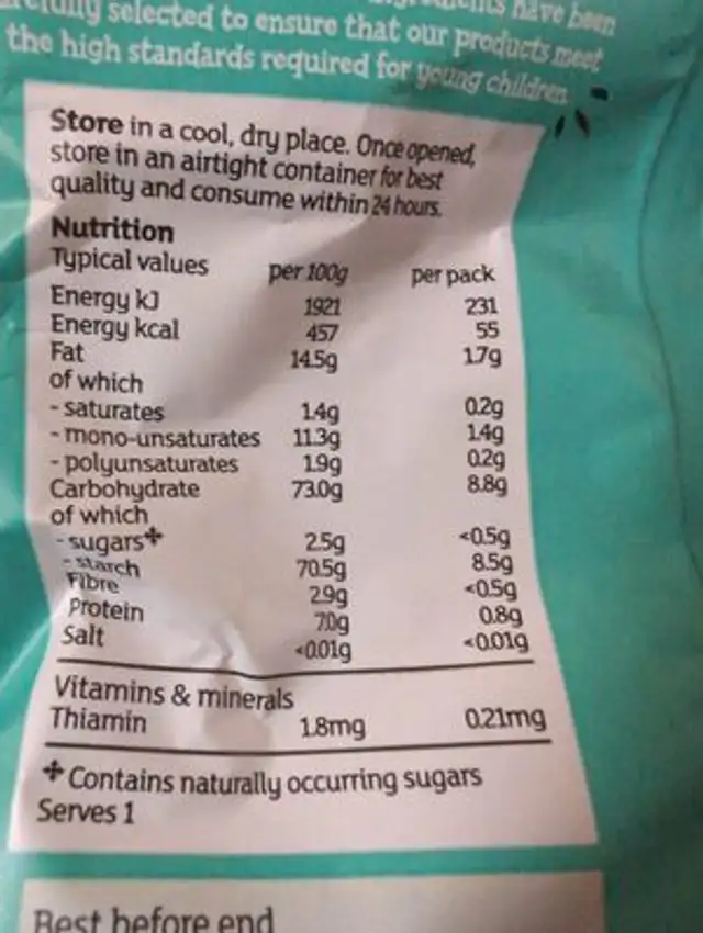 Organic sweetcorn wheels ingredients label