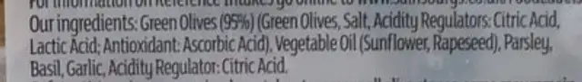 Green Olives ingredients label