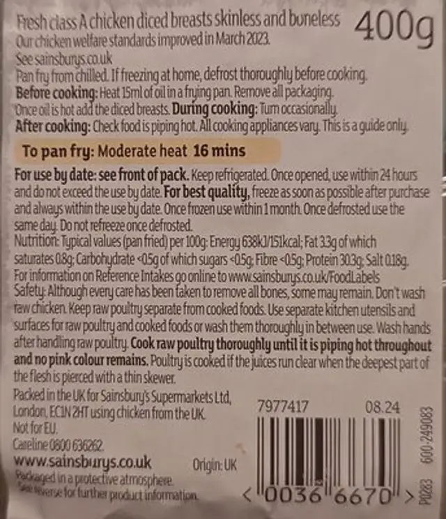 Diced Chicken Breasts ingredients label