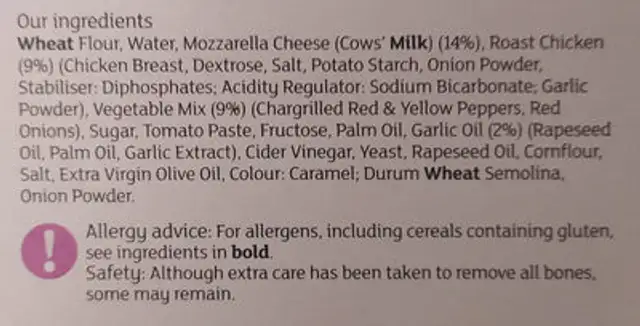 Fully Loaded BBQ Chicken Pizza ingredients label