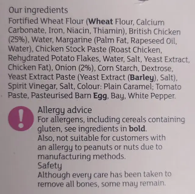 chicken & gravy shortcrust pastry pie 500g ingredients label