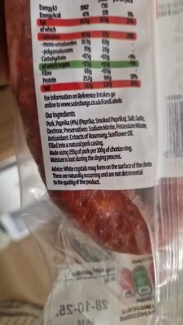 Chorizo ring ingredients label