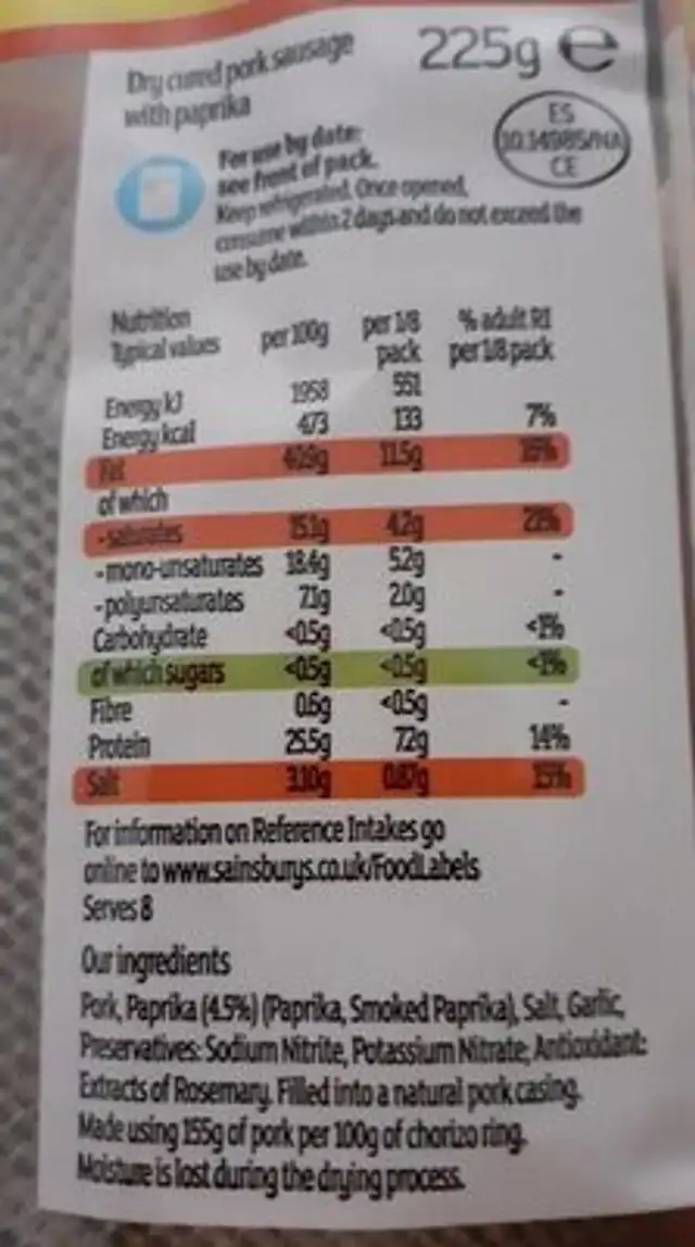Chorizo ring nutrition facts table