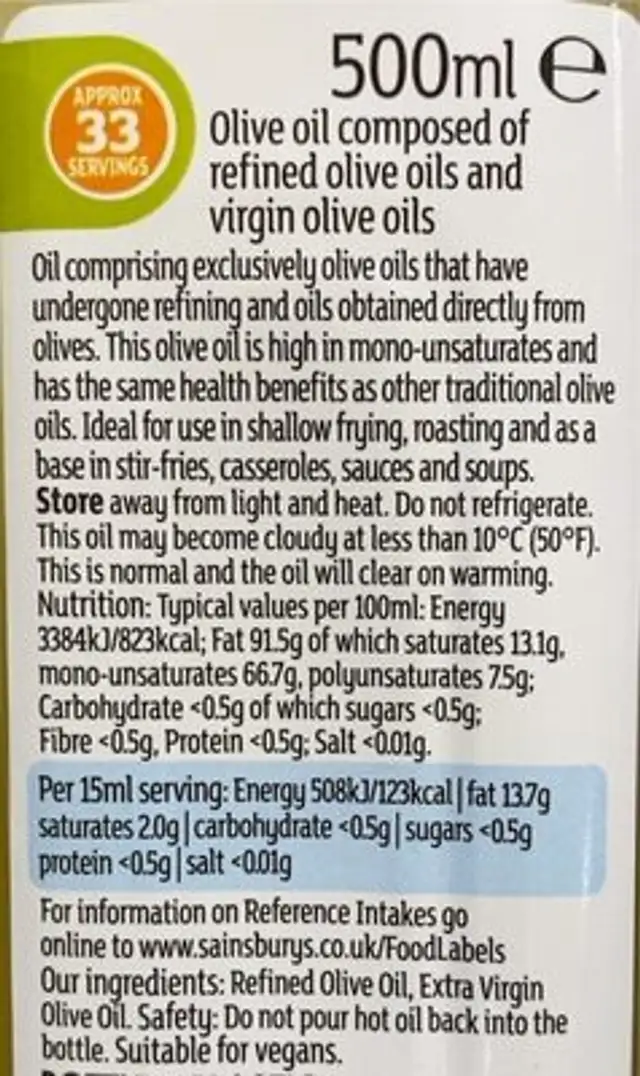 Light in colour olive oil nutrition facts table