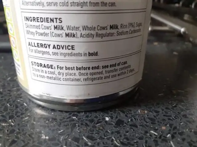 Rice Pudding ingredients label