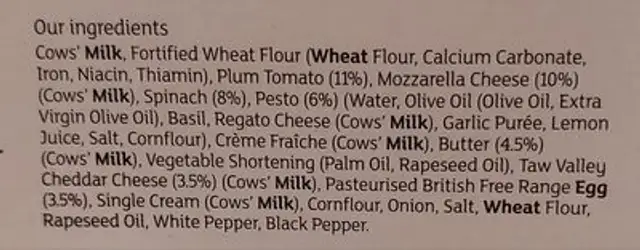 Plum tomato, Mozzarella & Pesto Quiche ingredients label