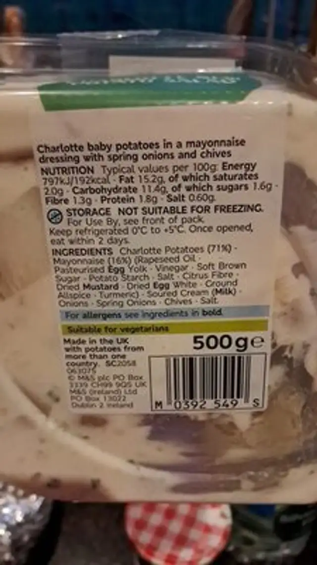 M&S -FOOD- CHARLOTTE NEW POTATO SALAD Serves 5-per ingredients label