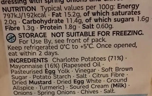 M&S -FOOD- CHARLOTTE NEW POTATO SALAD Serves 5-per nutrition facts table