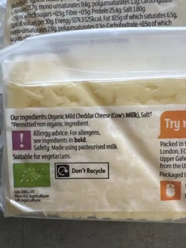 organic Mild Cheddar ingredients label