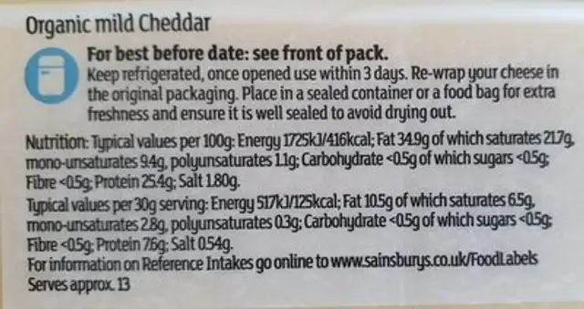 organic Mild Cheddar nutrition facts table