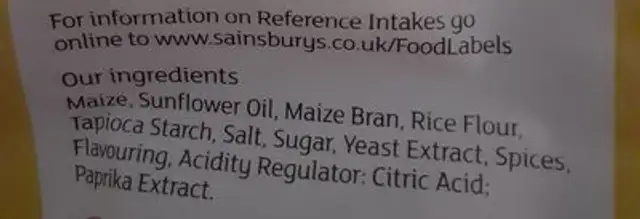 Free from Nacho Cheese Flavour Tortilla Chips ingredients label