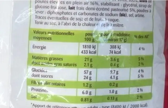 Petite madeleine nutrition facts table