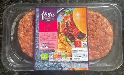 Chilli and cheese beef burgers front packaging