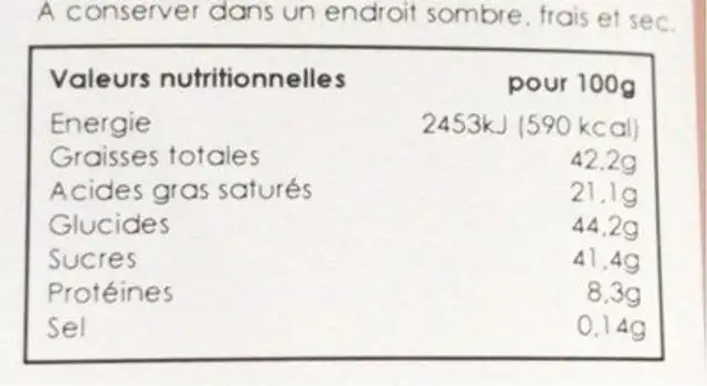 Chocolat au lait nutrition facts table