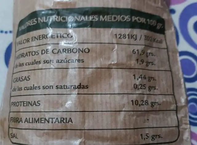 Pan blanco nutrition facts table