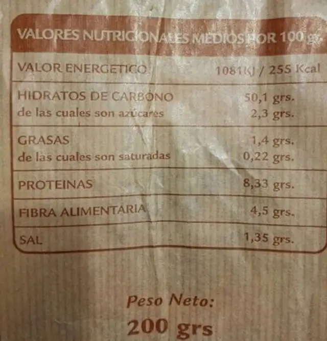 Barra pan integral nutrition facts table
