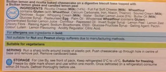 Cheesecake citron ricotta ingredients label