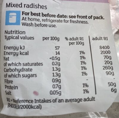 Taste The Difference Specialty Radish nutrition facts table