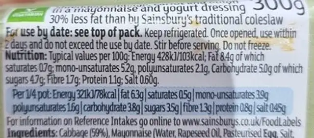 Colesaw salad nutrition facts table