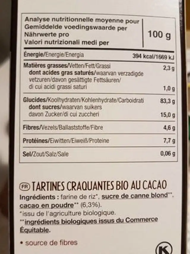 Tartines bio craquantes cacao nutrition facts table