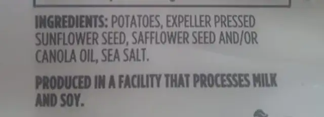 Chips ingredients label