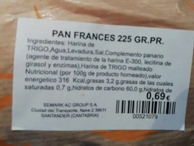 Pan francés 225gr.pr nutrition facts table