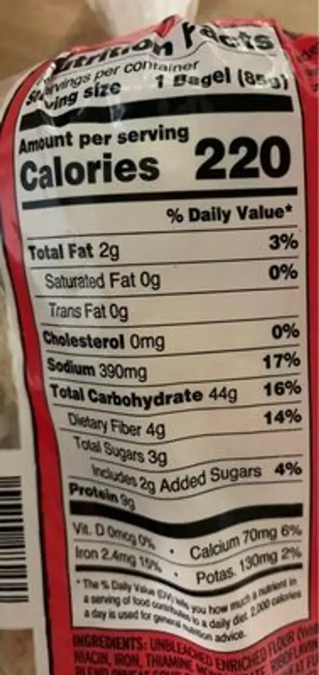 Wheat bagels nutrition facts table