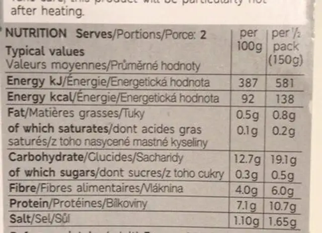 Mushy Peas nutrition facts table