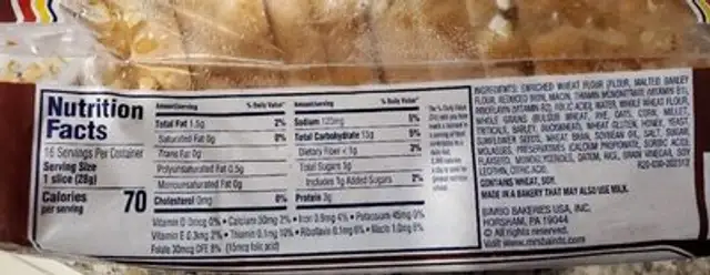 Mrs Baird's Honey 7 Grain Bread nutrition facts table