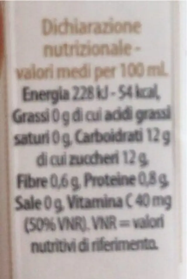 frullato di pesca nutrition facts table