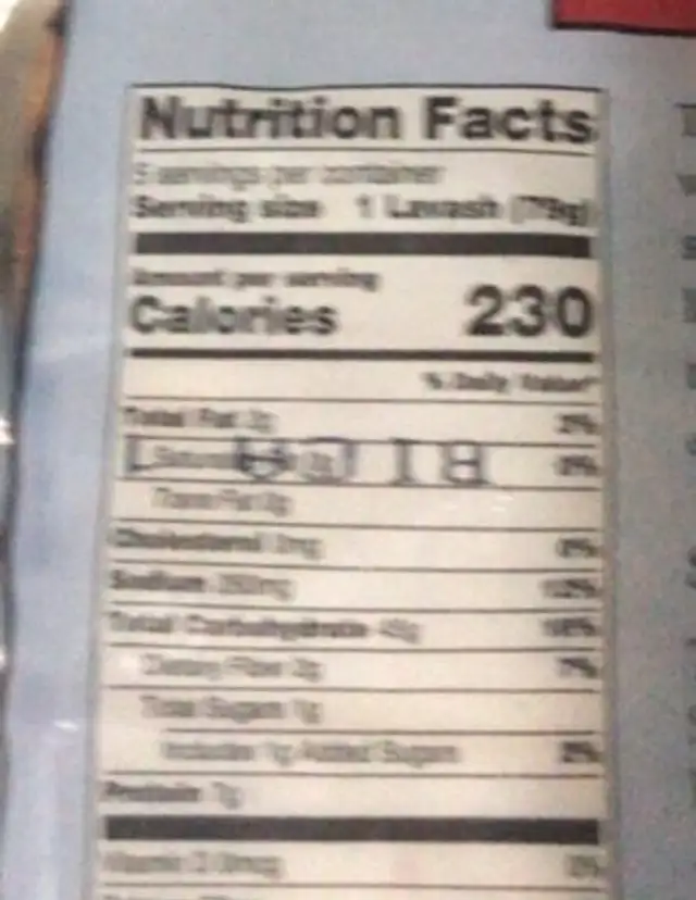 Lavash flatbread nutrition facts table