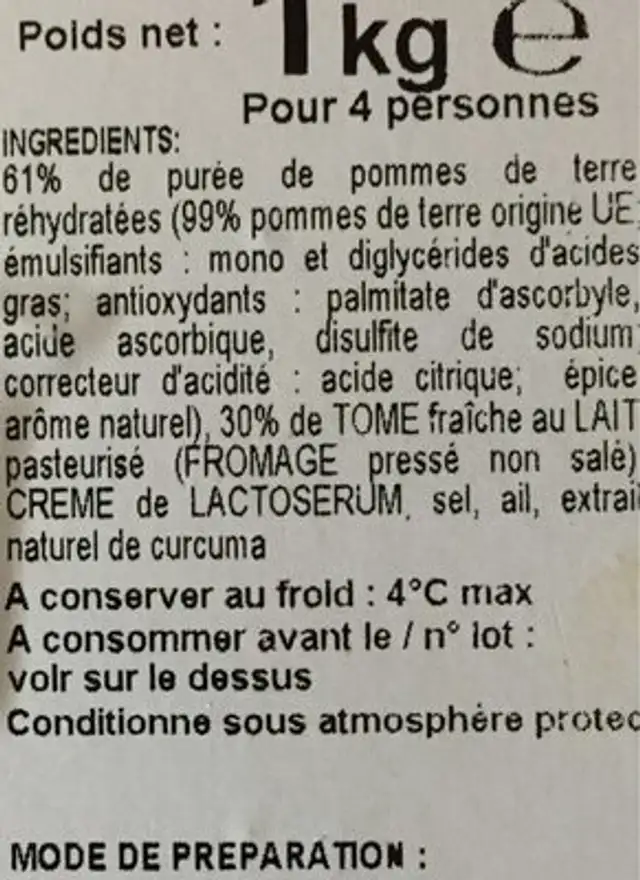 Aligot de therondels nutrition facts table