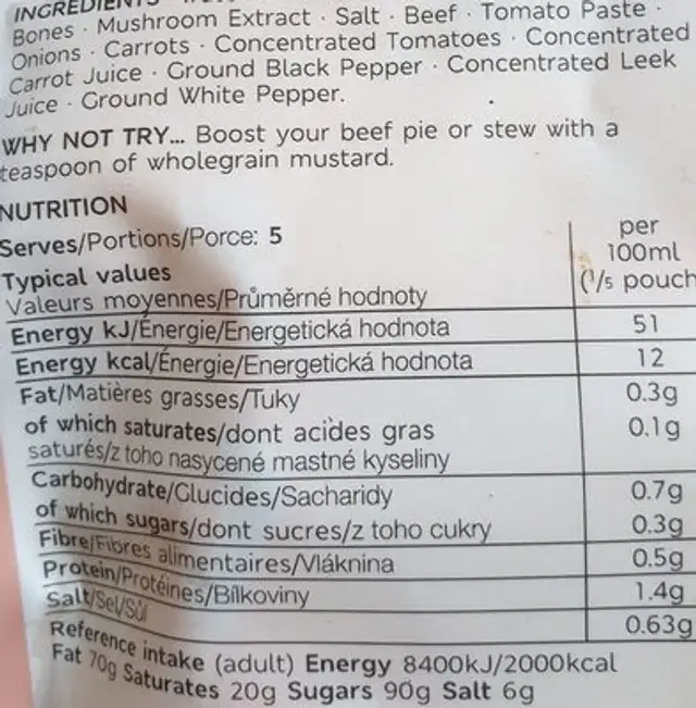 Beef stock nutrition facts table