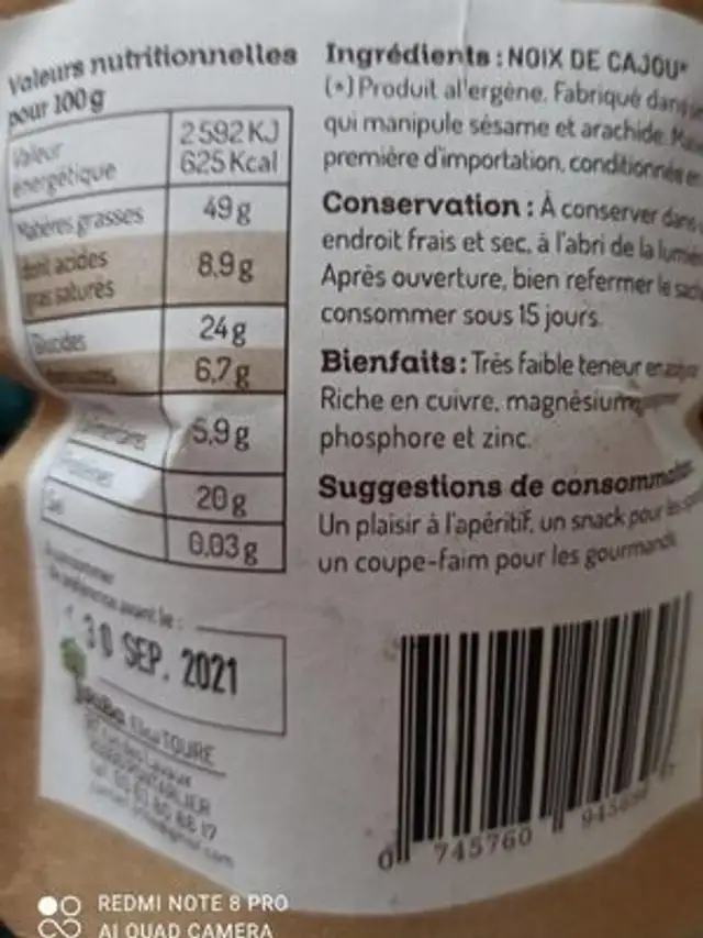 Cacahuète sans sel ajouté nutrition facts table