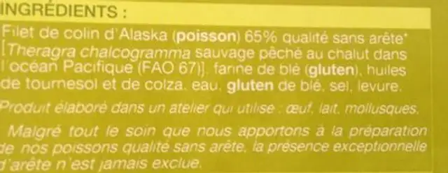 Colin d'Alaska pané ingredients label
