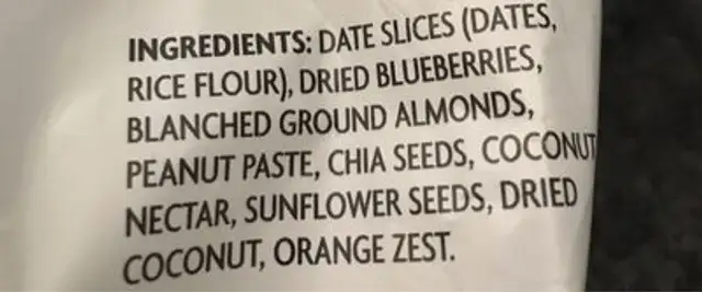 Date &nut bites ingredients label
