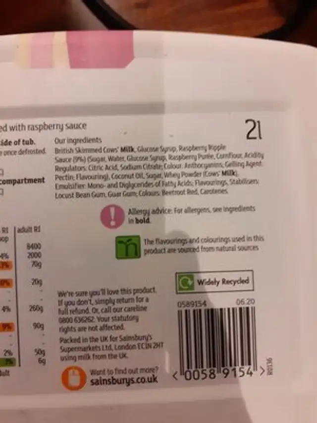 Raspberry ripple ingredients label