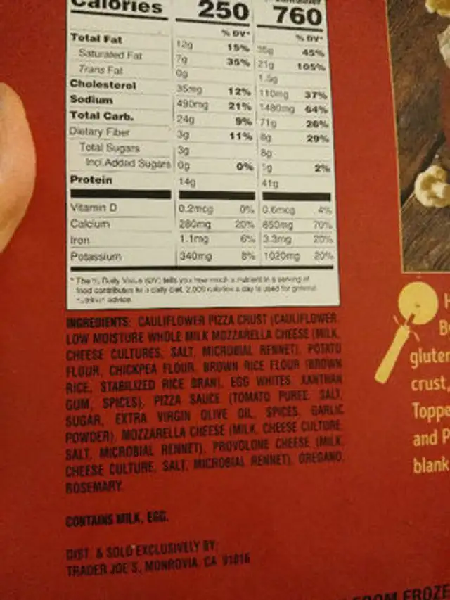 Trader Joe's Cheeze Pizza ingredients label