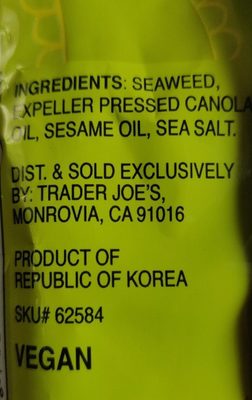 Roasted seaweed ingredients label