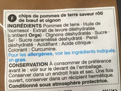 Roast Beef & Onion Potato Crisps ingredients label