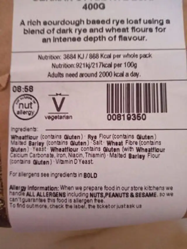 German style rye loaf ingredients label