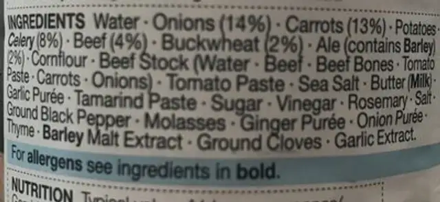 Beef and ale soup ingredients label