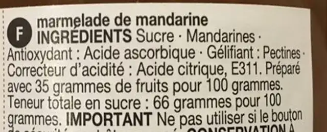 Confiture de mandarines ingredients label