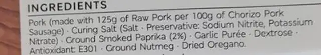Chorizo ingredients label