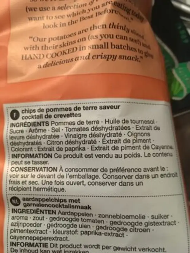 Prawn cocktail hand cooked crisps ingredients label