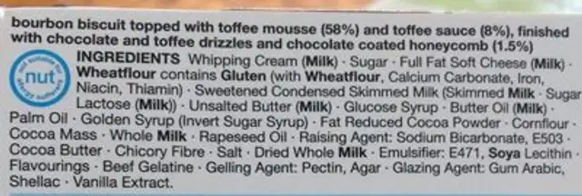Toffee and honeycomb traybake ingredients label